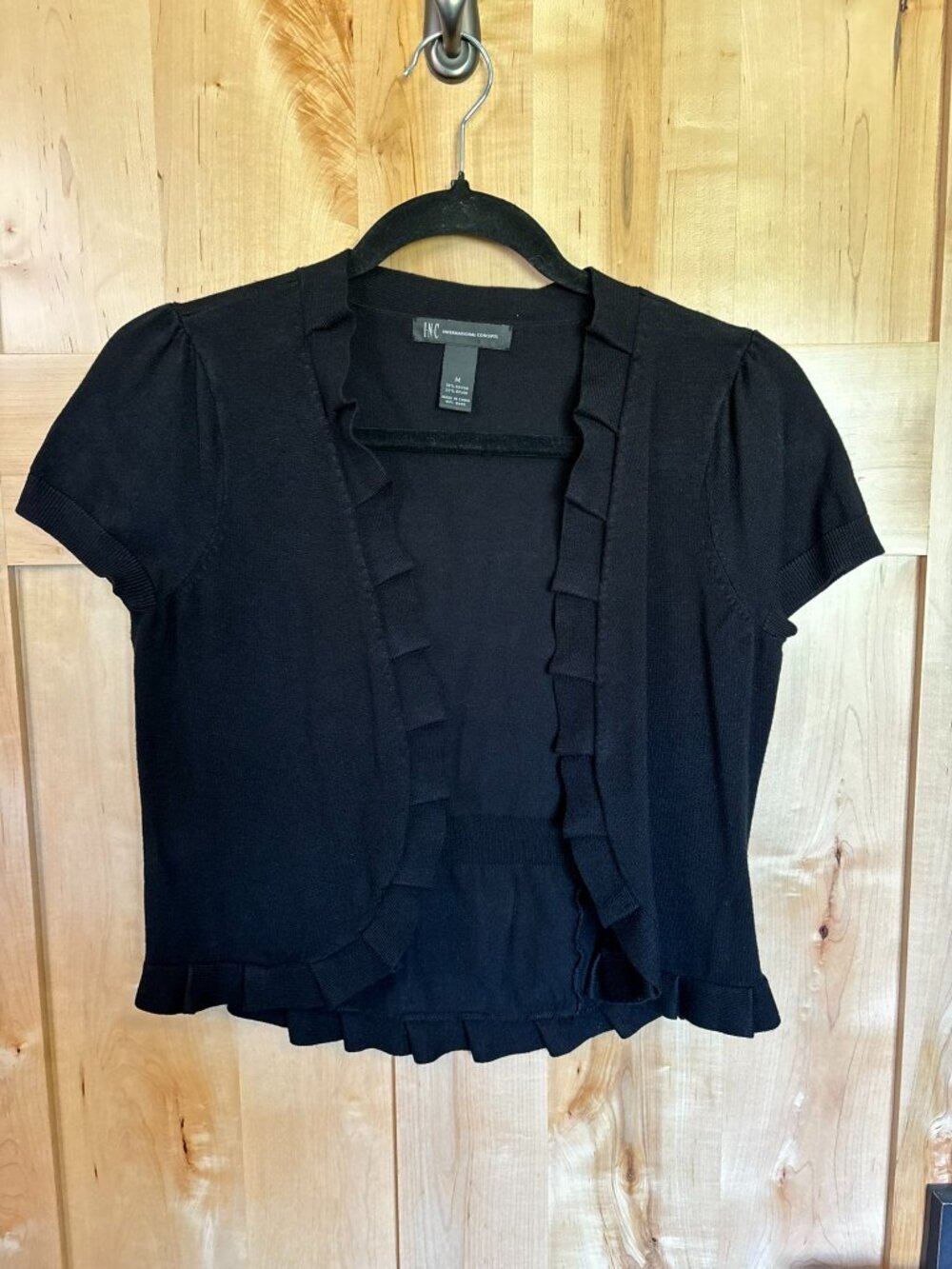 INC International Concepts Ruffle Cropped Shrug Sweater Cap Sleeve M Black